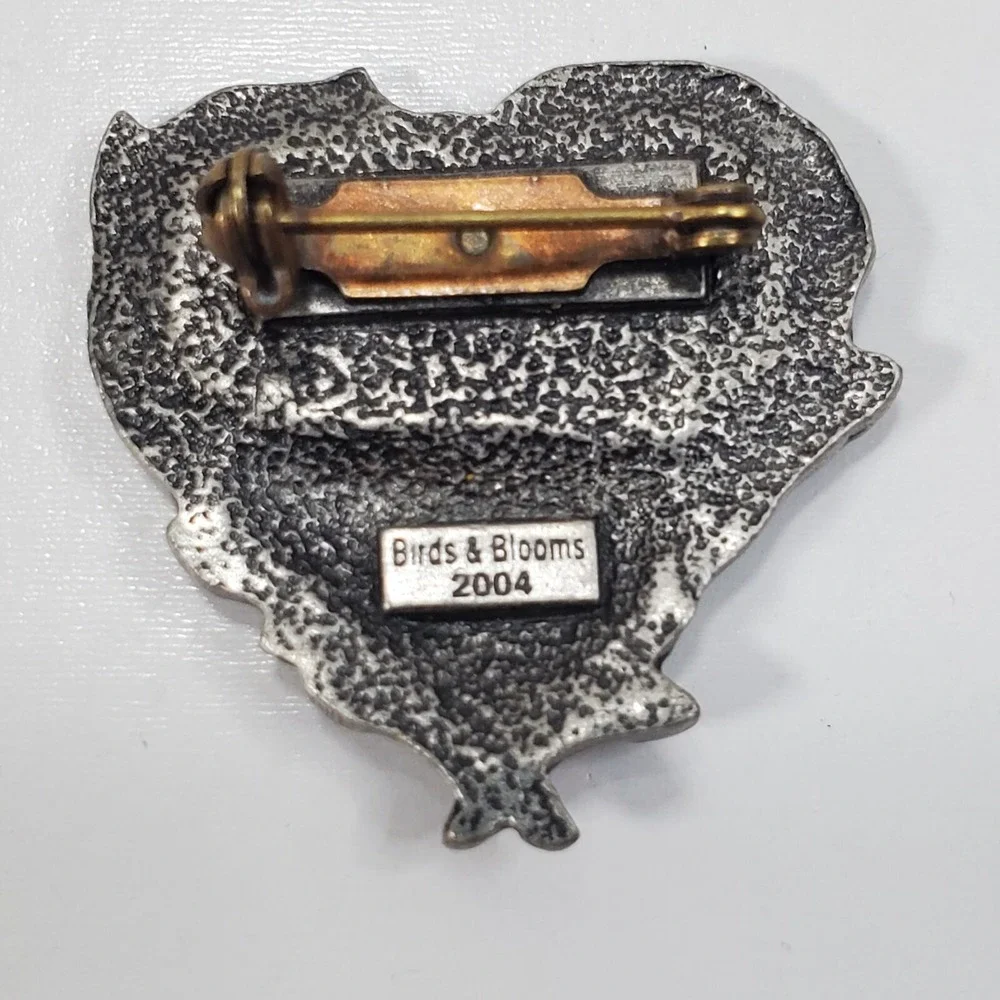 Vintage Birds & Blooms Pewter Heart with Bird in a Nest Brooch Pin Jewelry